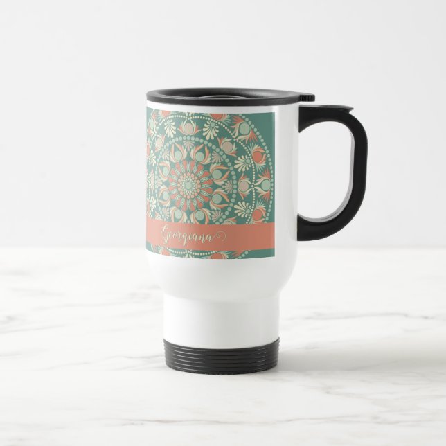 Personalized Ornate Retro Sage and Sand Mandala Travel Mug (Right)