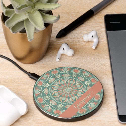 Personalized Ornate Retro Sage and Sand Mandala Wireless Charger