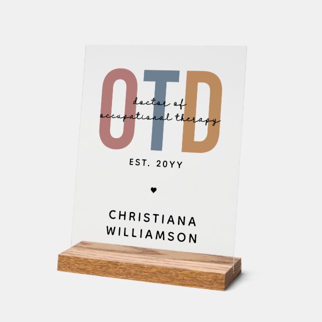 Personalized OTD Doctor of Occupational Therapy Acrylic Sign (Angle)