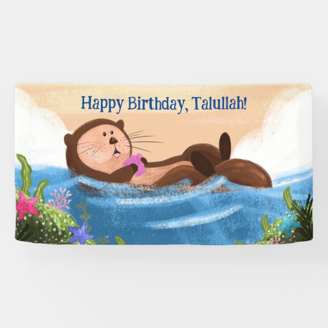 Personalized Otter Birthday - Cute Aquatic Animal Banner (Horizontal)
