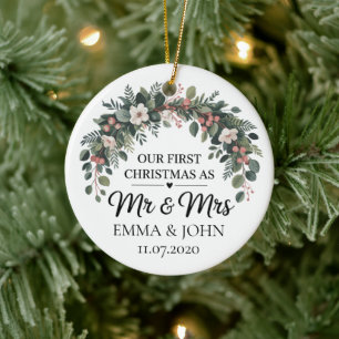 Personalized Our First Christmas As Mr & Mrs 2025 Ceramic Ornament