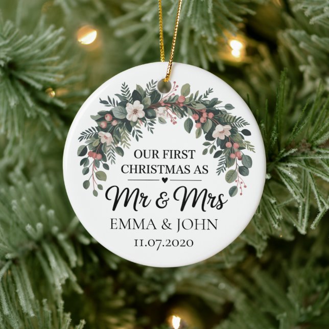 Personalized Our First Christmas As Mr & Mrs 2025 Ceramic Ornament (Tree)