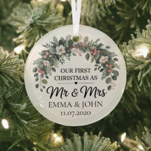 Personalized Our First Christmas As Mr & Mrs 2025 Glass Ornament