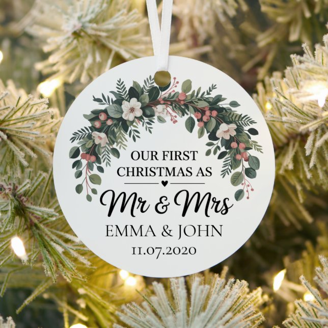 Personalized Our First Christmas As Mr & Mrs 2025 Metal Ornament (Insitu)