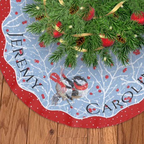 Personalized Our First Christmas  Chickadees Brushed Polyester Tree Skirt