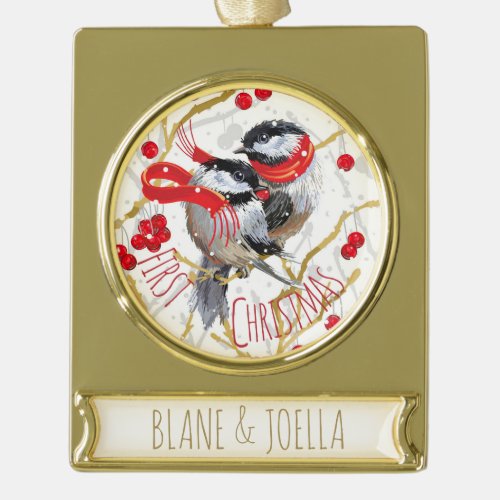 Personalized _ Our First Christmas  Chickadees Gold Plated Banner Ornament