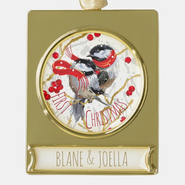 Personalized - Our First Christmas | Chickadees Gold Plated Banner Ornament (Front)
