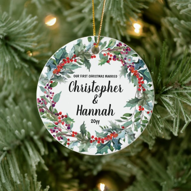 Personalized Our First Christmas Married Gift Tree Ceramic Ornament (Tree)