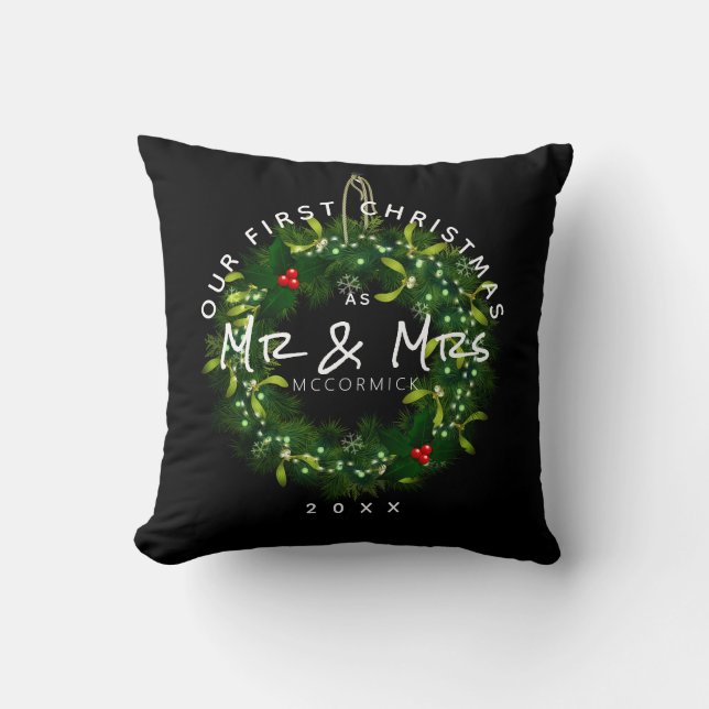 Personalized Our First Christmas Married Newlywed Throw Pillow (Front)