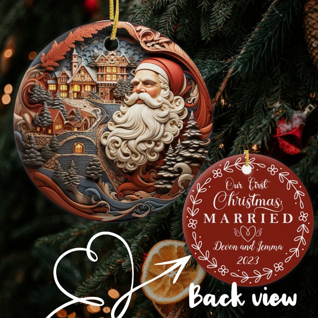 Personalized Our First Christmas, Newlyweds Santa  Ceramic Ornament (Creator Uploaded)