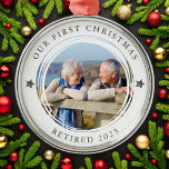 Personalized Our First Christmas Retired Photo Metal Ornament<br><div class="desc">Personalize this ornament with favorite photo of your retirement to create a keepsake ornament to hang on your tree.</div>