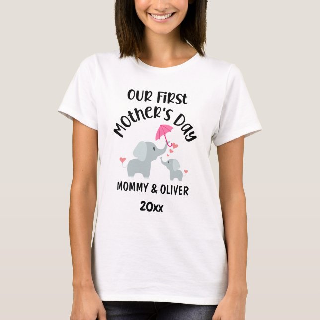 Personalized Our First Mother's Day Elephants 2023 T-Shirt (Front)