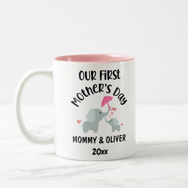 Personalized Our First Mother's Day Elephants 2023 Two-Tone Coffee Mug (Left)
