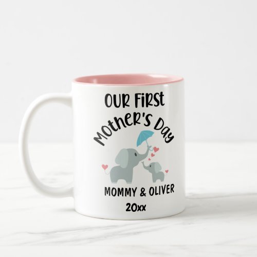 Personalized Our First Mothers Day Elephants 2023 Two_Tone Coffee Mug