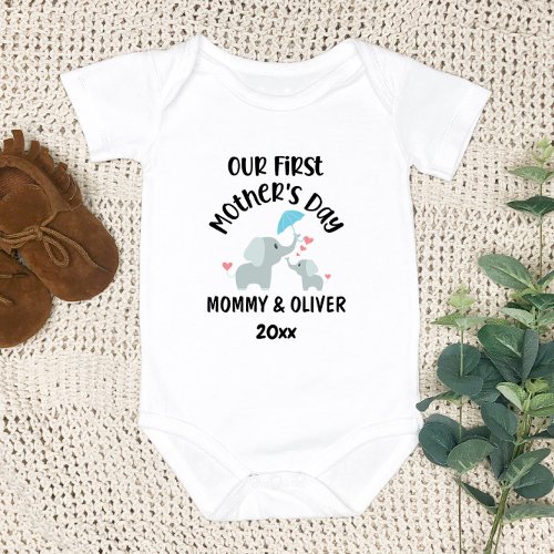 Personalized Our First Mothers Day Elephants 2024 Baby Bodysuit