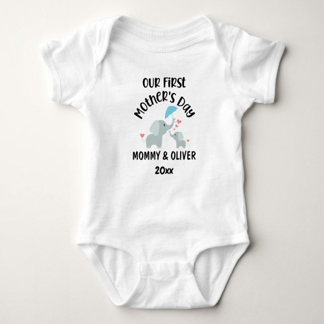 Personalized Our First Mother's Day Elephants 2025 Baby Bodysuit (Front)
