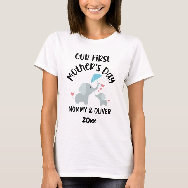 Personalized Our First Mother's Day Elephants 2025 T-Shirt (Front)