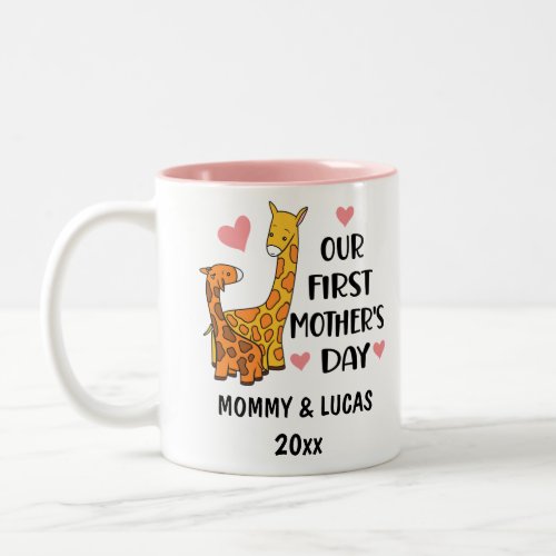 Personalized Our First Mothers Day Giraffe 2024 Two_Tone Coffee Mug