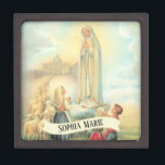 Personalized Our Lady of Fatima Rosary Jewelry Gift Box<br><div class="desc">This is a beautiful traditional vintage image of Our Lady of Fatima,  Our Lady of the Rosary with the Fatima children,  Lucia,  Jacinta & Francisco,  Sheep,  and the Basilica at Fatima in the distance.</div>