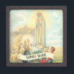 Personalized Our Lady of Fatima Rosary Jewelry Gift Box<br><div class="desc">This is a beautiful traditional vintage image of Our Lady of Fatima,  Our Lady of the Rosary with the Fatima children,  Lucia,  Jacinta & Francisco,  Sheep,  and the Basilica at Fatima in the distance.</div>