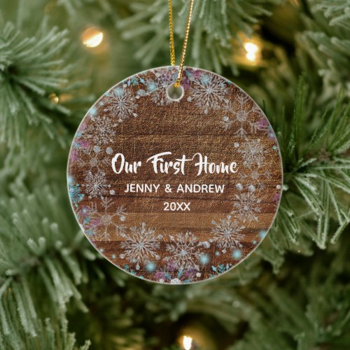 Personalized Our New Home Rustic Snowflakes Ceramic Ornament