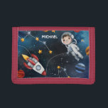 Personalized Outer Space Astronaut in the Galaxy Trifold Wallet<br><div class="desc">Celebrate all things outer space with this Trifold Wallet that you can add a name to make it personal. Check out the other items in this collection below like the backpack, table runner, and serving tray to match this space exploration nerdy Trifold Wallet Featuring illustrations of outer space activities and...</div>