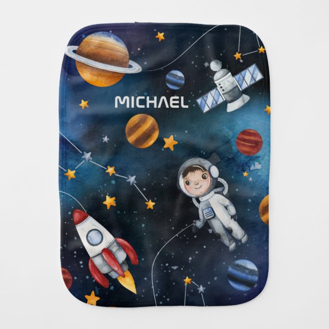 Personalized Outer Space Astronaut Shuttle Baby Burp Cloth (Front)