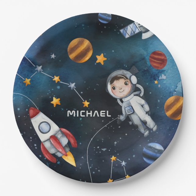 Personalized Outer Space Astronaut Shuttle Travel Paper Plates (Front)
