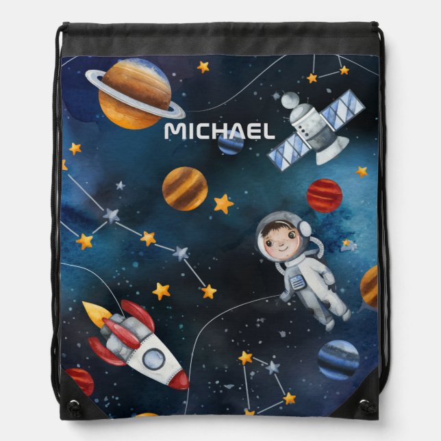 Personalized Outer Space Astronaut Stars Drawstring Bag (Front)