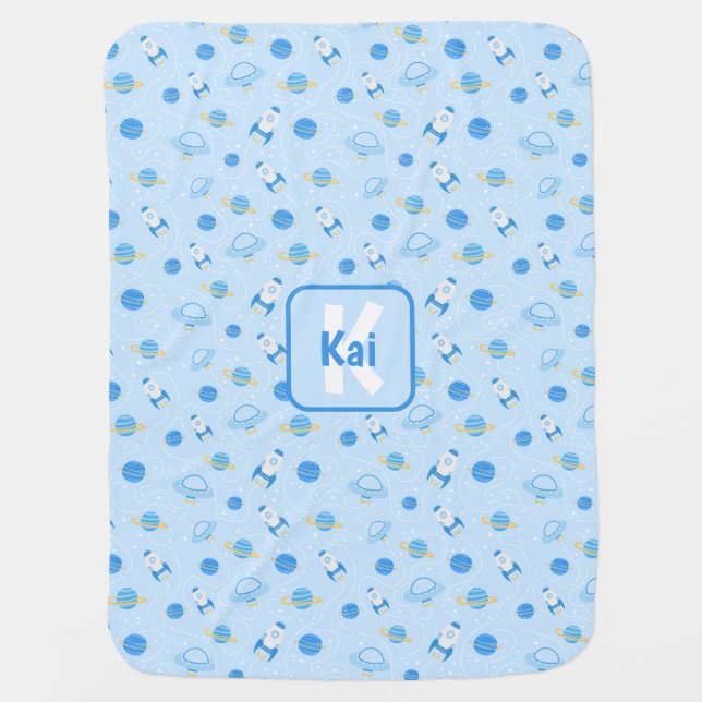 Personalized Outer Space Baby Blue Baby Blanket (Front)