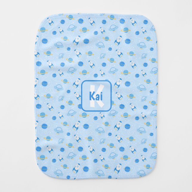 Personalized Outer Space Baby Blue Baby Burp Cloth (Front)
