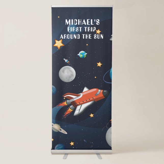 Personalized Outer Space First Birthday In Galaxy Retractable Banner (Front)