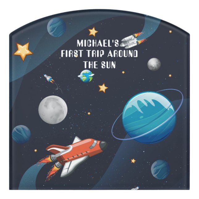 Personalized Outer Space Galaxy 1st Birthday Door Sign (Contour Front)
