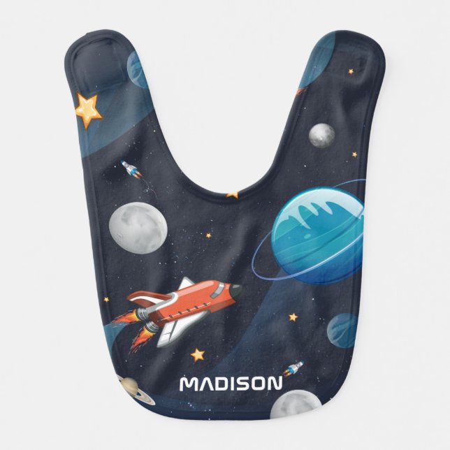 Personalized Outer Space Galaxy Activity Baby Bib (Front)