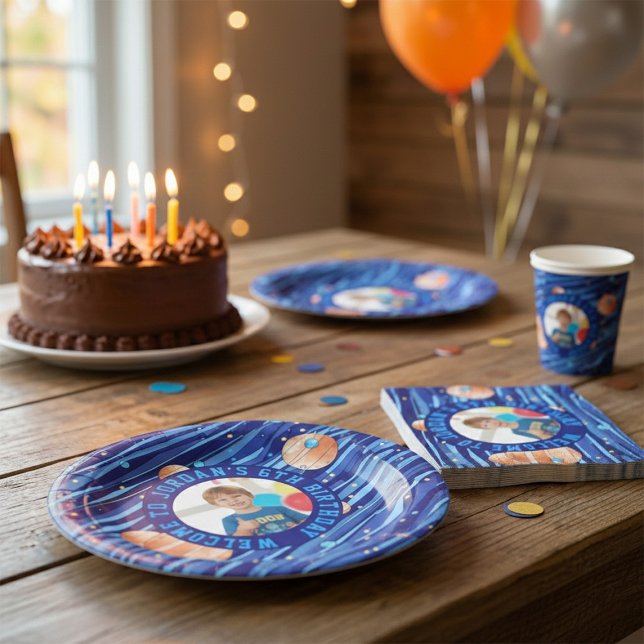 Personalized Outer Space Galaxy Photo Birthday  Paper Plates (Creator Uploaded)