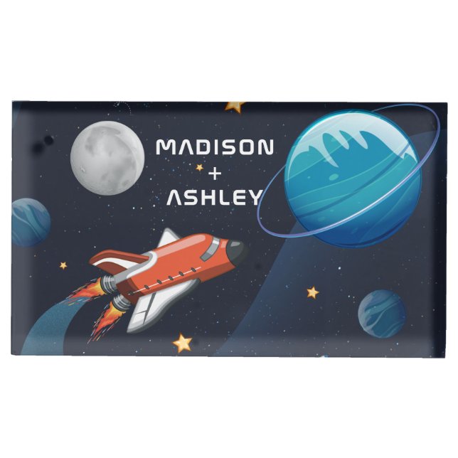 Personalized Outer Space Galaxy Travel Place Card Holder (Front)