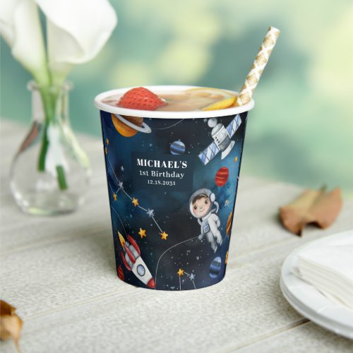 Personalized Outer Space Illustration 1st Birthday Paper Cups