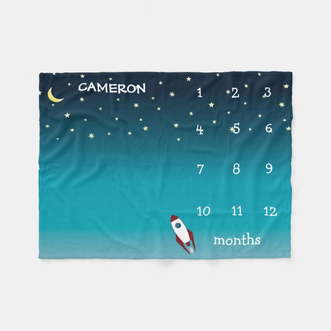 Personalized Outer space ombre blue Milestone baby Fleece Blanket (Front (Horizontal))