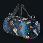 Personalized Outer Space Shuttle and Astronaut Duffle Bag<br><div class="desc">Celebrate all things outer space with this Duffle Bag that you can add a name to make it personal. Check out the other items in this collection below like the backpack, table runner, and serving tray to match this space exploration Duffle Bag. Featuring illustrations of outer space activities and icons...</div>