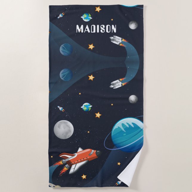 Personalized Outer Space Shuttle Rocket Pattern Beach Towel (Front)