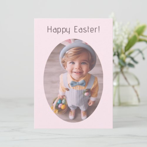 Personalized Oval Photo Elegant Pink Happy Easter Holiday Card