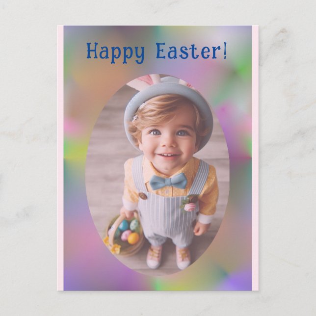 Personalized Oval Photo Rainbow Blue Happy Easter Holiday Postcard (Front)