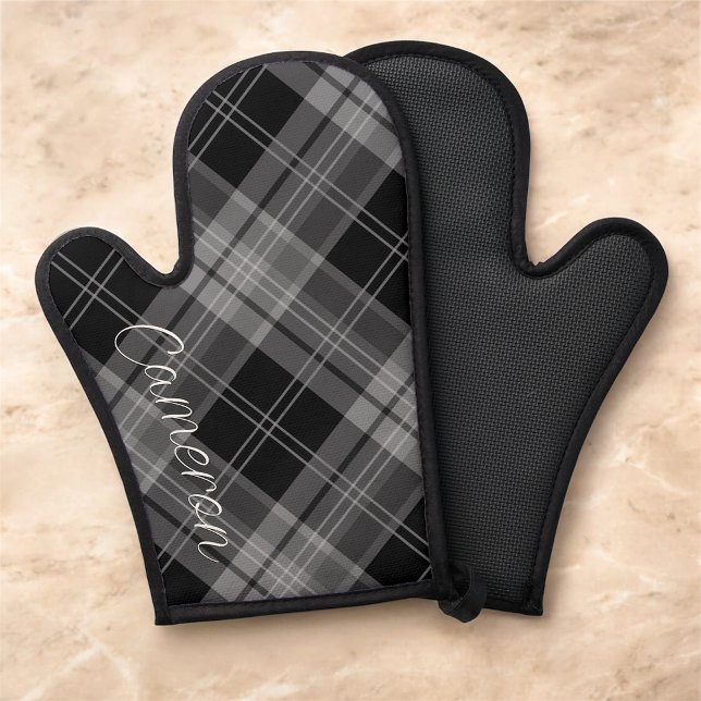 Personalized Oven Mitt Silicone Black Plaid Custom (MISOOK Black Grey Plaid Oven Mitt with Name)