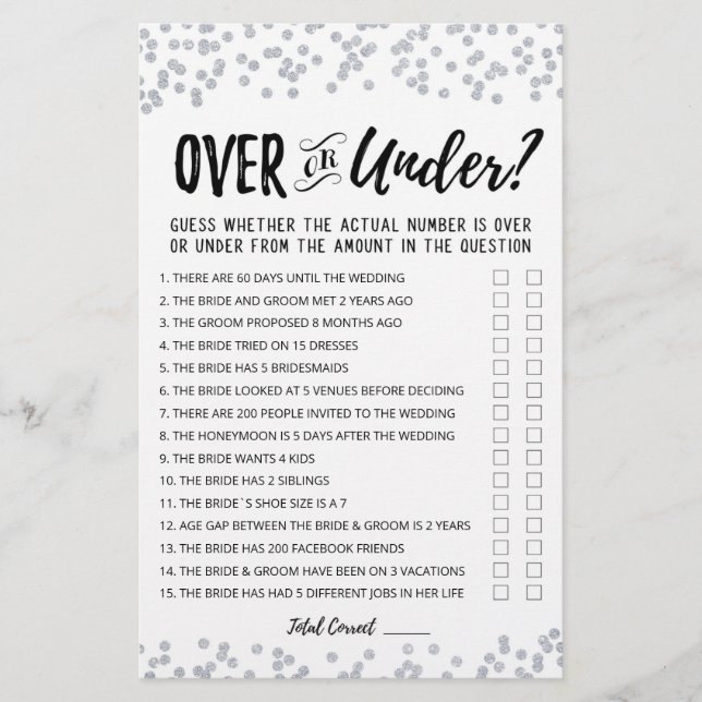 Personalized Over or Under Bridal Shower game (Front)