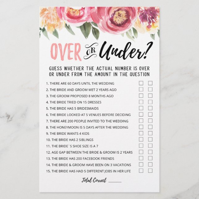 Personalized Over or Under Bridal Shower game (Front)