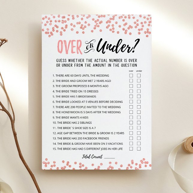 Personalized Over or Under Bridal Shower game Card (Creator Uploaded)