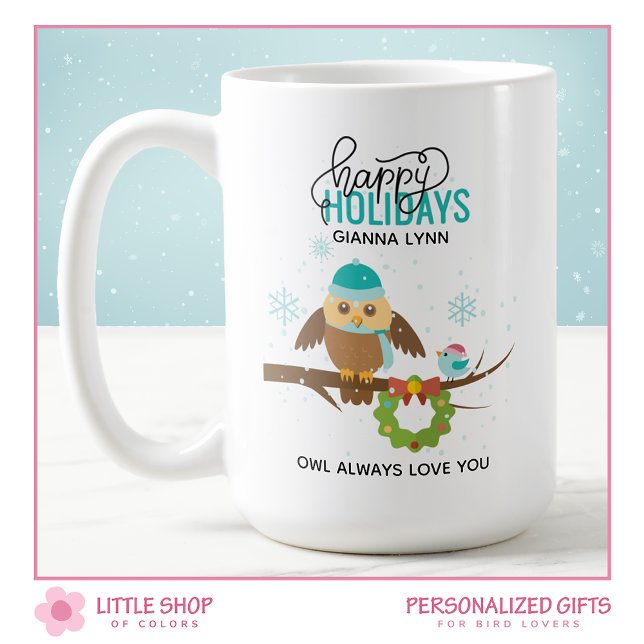 Personalized Owl and Bluebird Christmas Coffee Mug (Creator Uploaded)