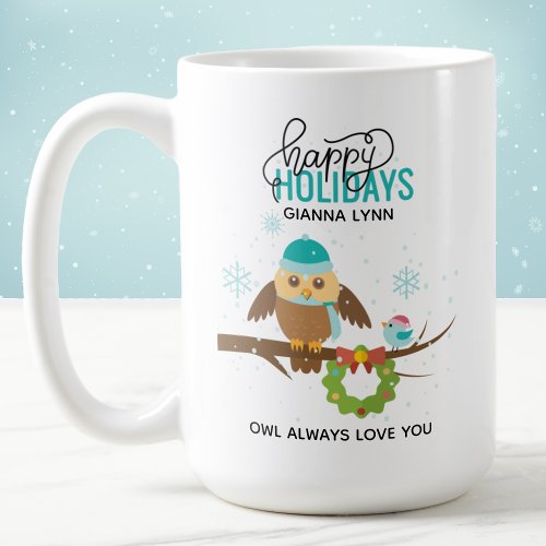 Personalized Owl and Bluebird Christmas Coffee Mug