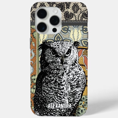 Personalized Owl Art Nouveau Floral iPhone 15 Pro Max Case