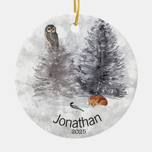 Personalized Owl Bird Fox Winter Cabin    Ceramic Ornament (Front)